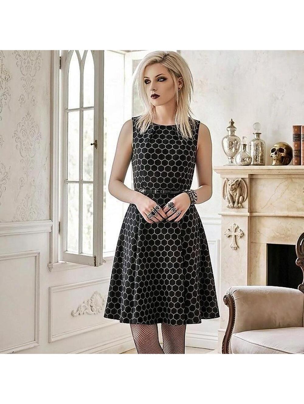 Black & white hexagon print dress with belt 130